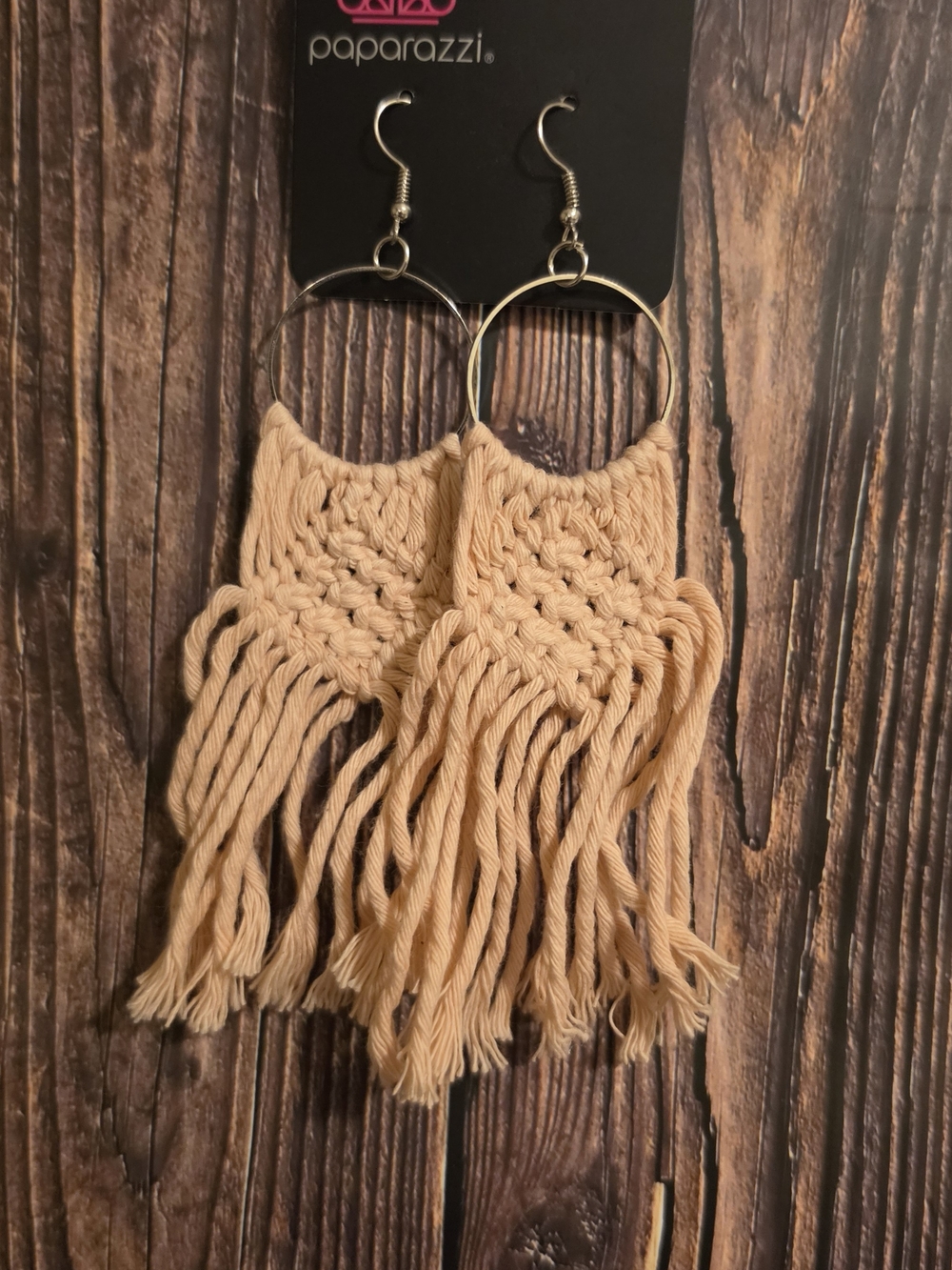 Paparazzi Tan Macrame Fringe Hoop Earrings